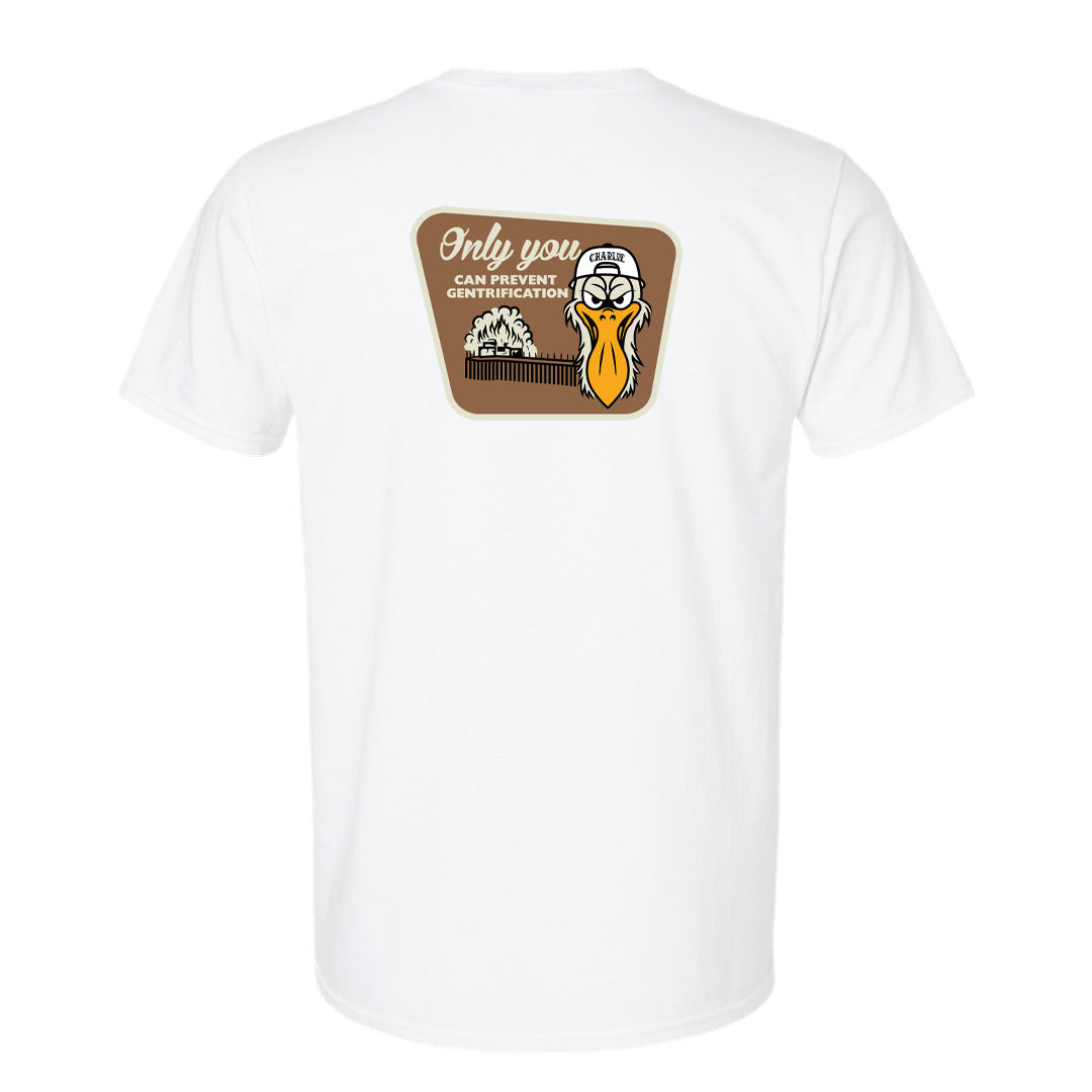 Charlie the Pelican Tee Head Front and Badge on Back RealSurfShop