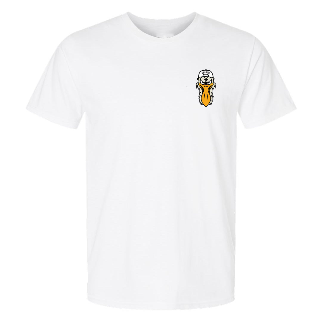Charlie the Pelican Tee Head Front and Badge on Back RealSurfShop