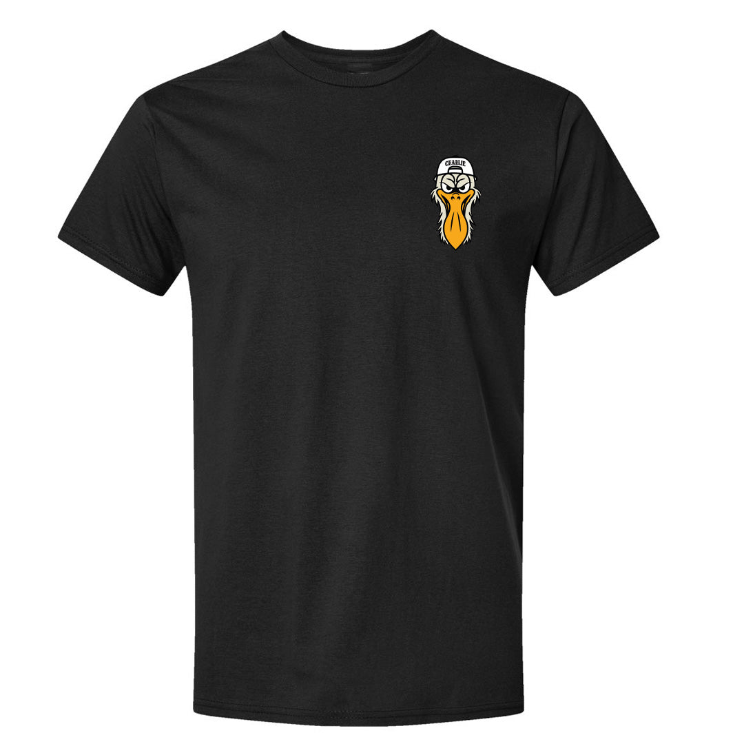 Charlie the Pelican Tee Head Front and Badge on Back RealSurfShop