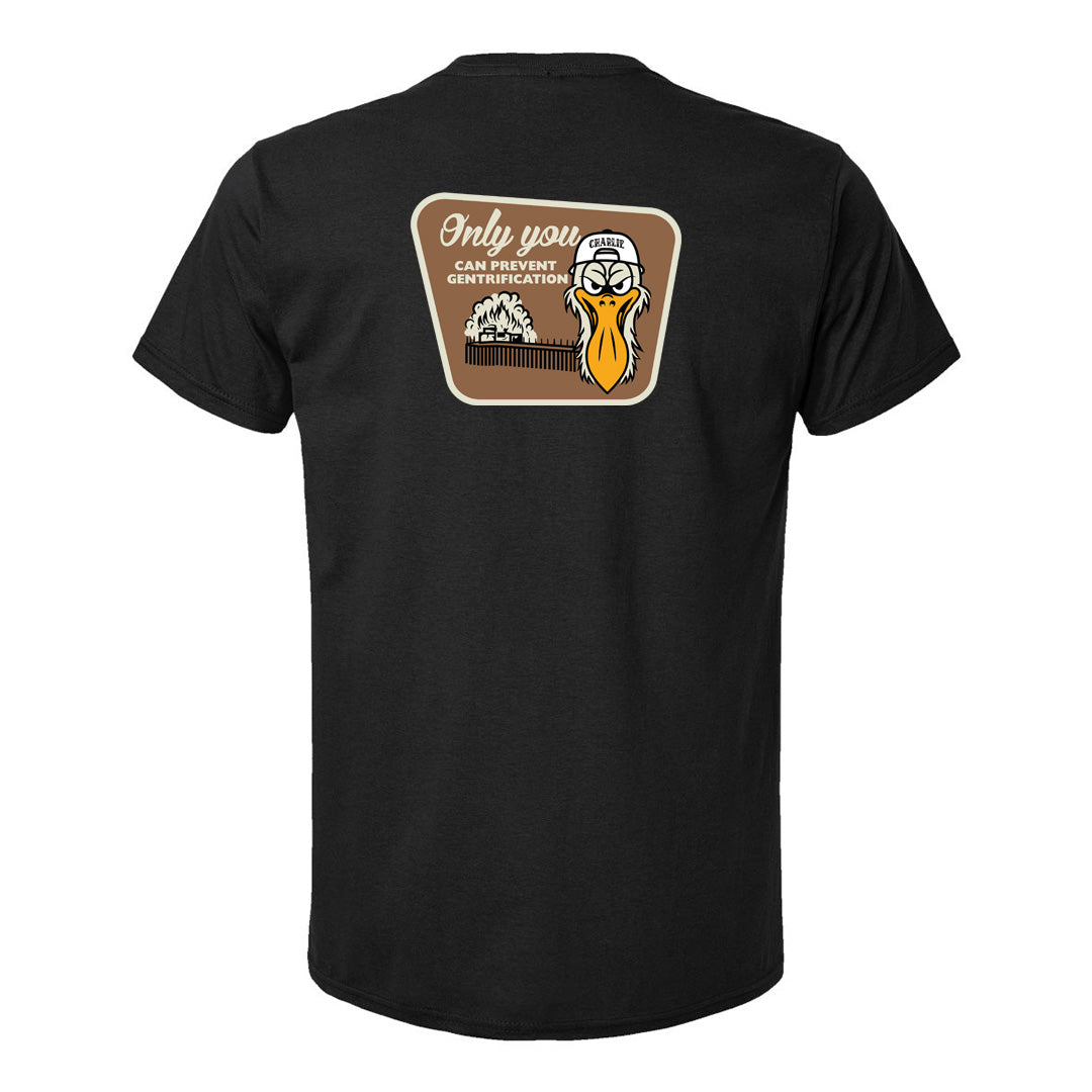 Charlie the Pelican Tee Head Front and Badge on Back RealSurfShop
