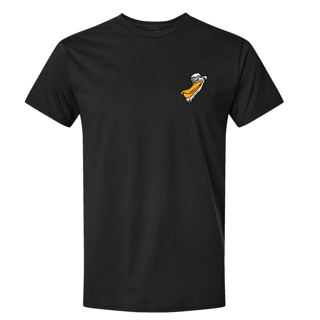 Charlie the Pelican Tee Side Head front and profile Badge on back RealSurfShop