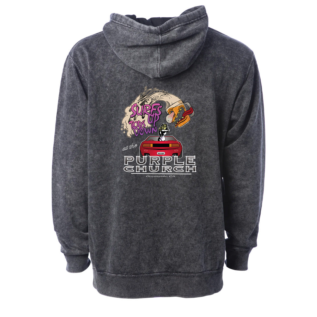 Purple Church Surfs Up Stonewashed Hoodie RealSurfShop