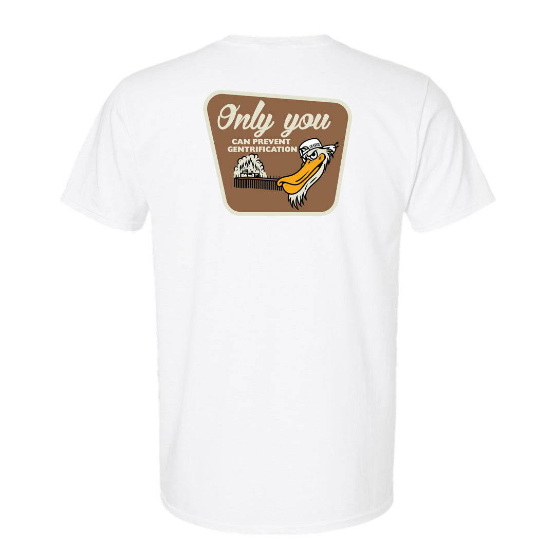 Charlie the Pelican Tee Side Head front and profile Badge on back RealSurfShop
