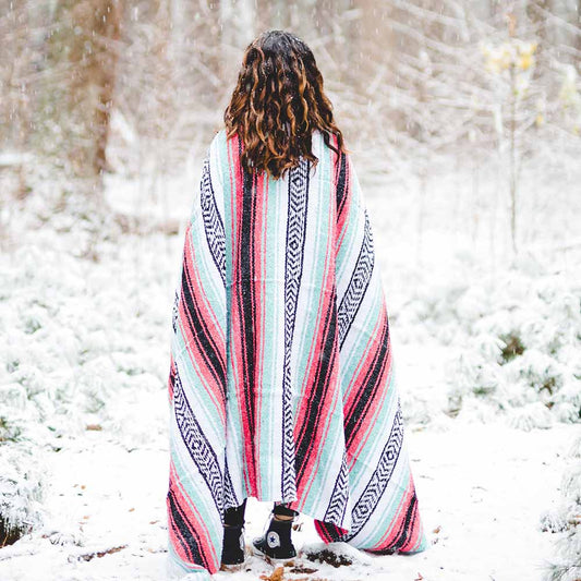Seafoam Green & Coral Mexican Falsa Blanket West Path