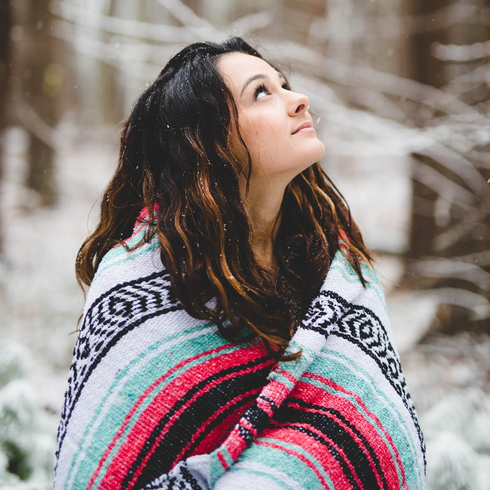 Seafoam Green & Coral Mexican Falsa Blanket West Path