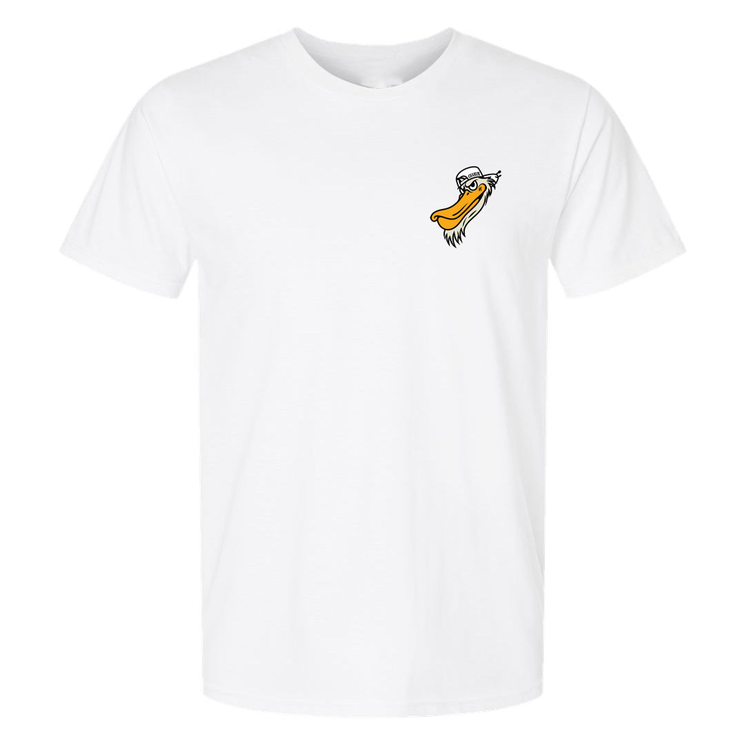 Charlie the Pelican Tee Side Head  front and profile Badge on back