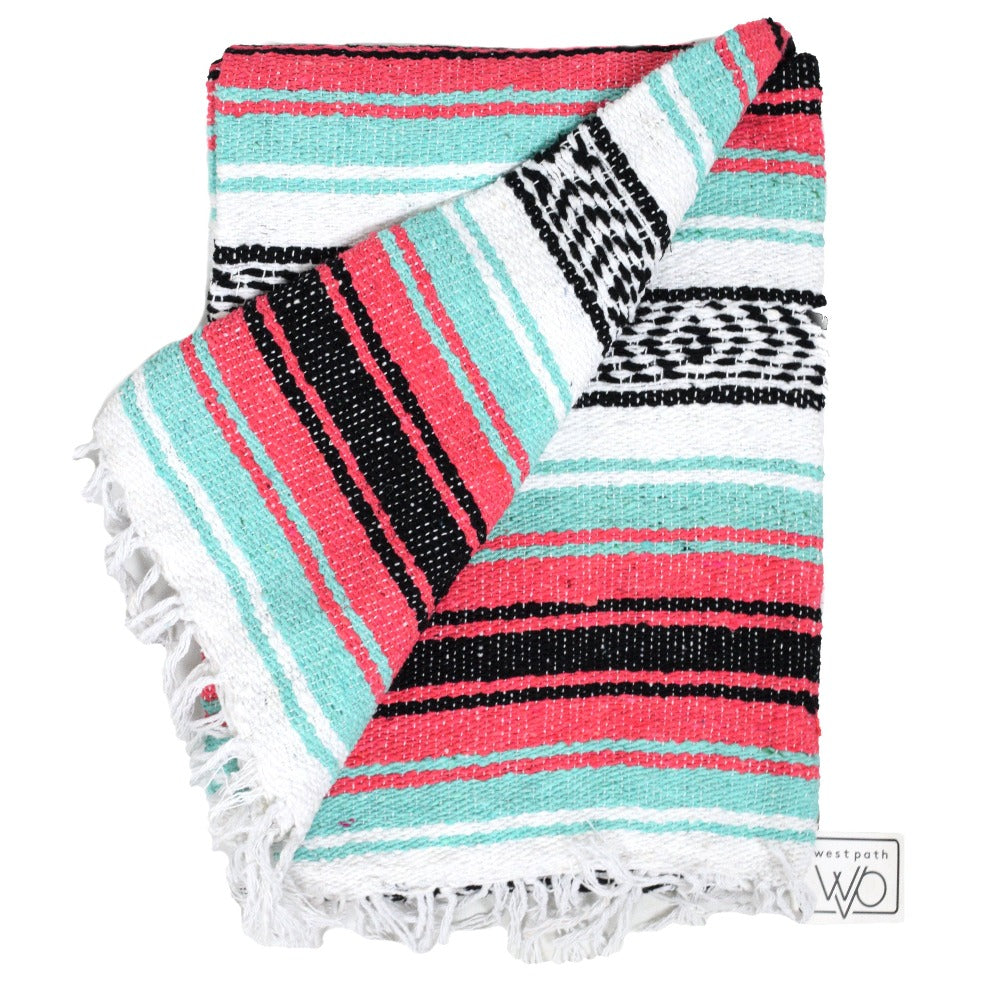 Seafoam Green & Coral Mexican Falsa Blanket West Path