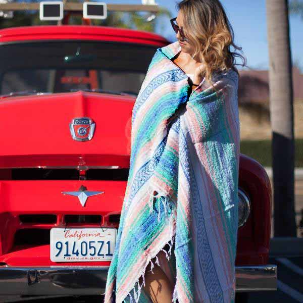 Mint, Blue & Coral Peach Mexican Falsa Blanket West Path